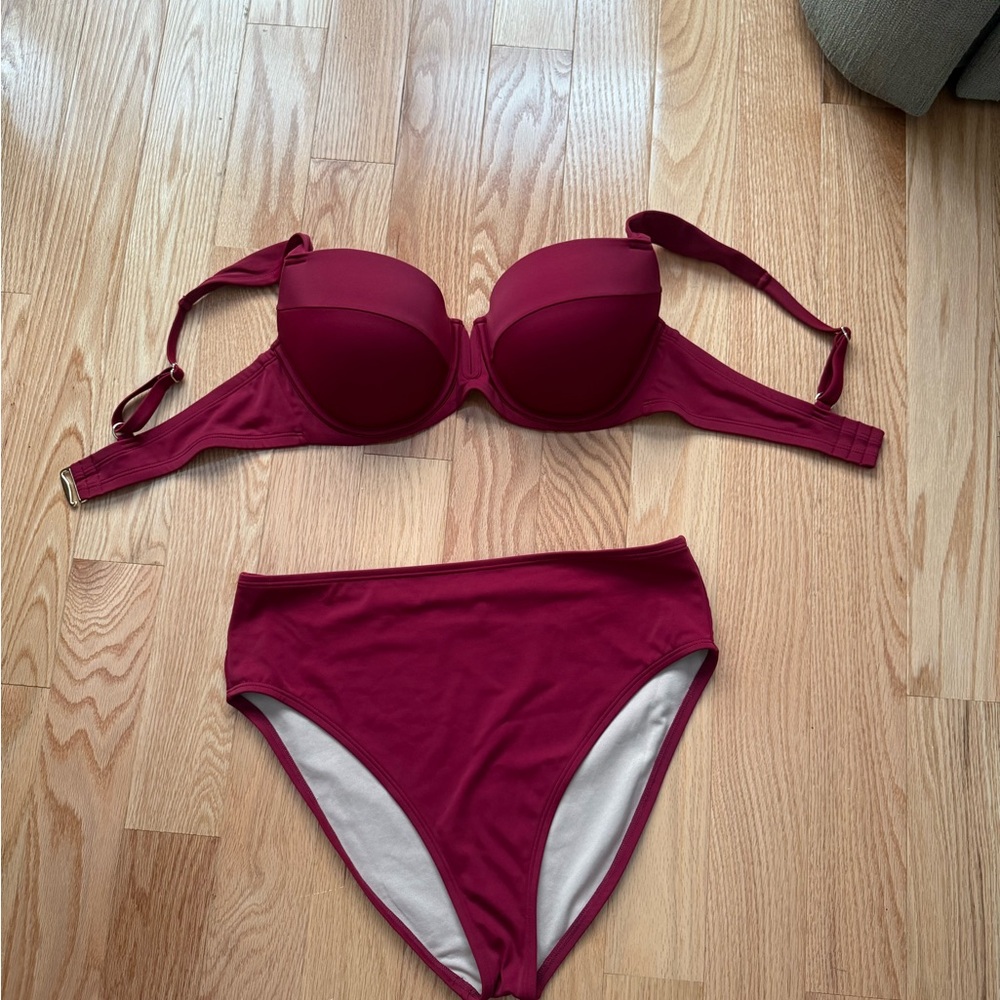 Burgundy Swimsuit w/underwire 38D top and Large high waisted/high cut bottoms